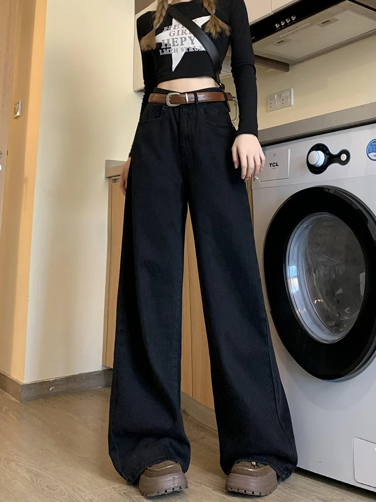 Simple Black Wide Leg Jeans For Women High Waist Loose Casual Straight Denim Pants Spring Autumn Versatile Trousers