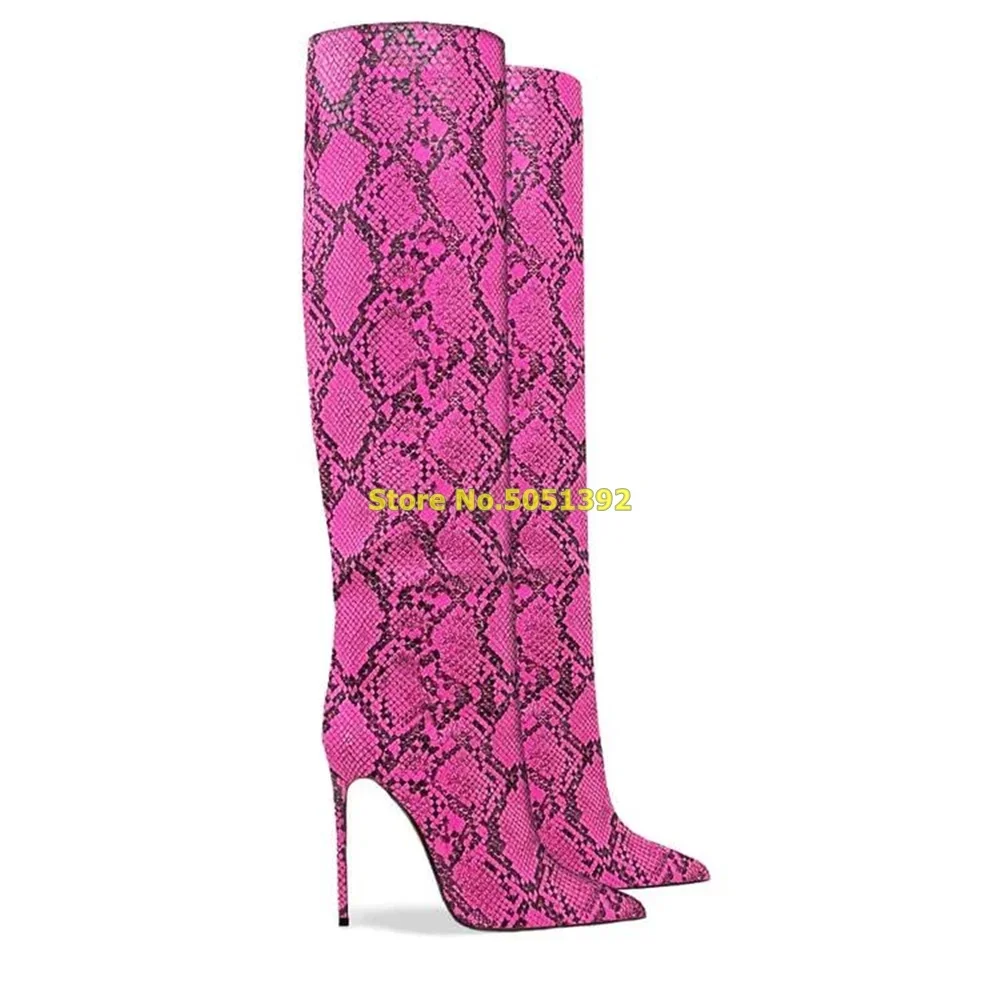 Botas de tacón de aguja fino con punta en punta y diseño tubular de piel de serpiente, hasta la rodilla, hechas a medida, para mujer, de invierno, ¡Gran oferta!