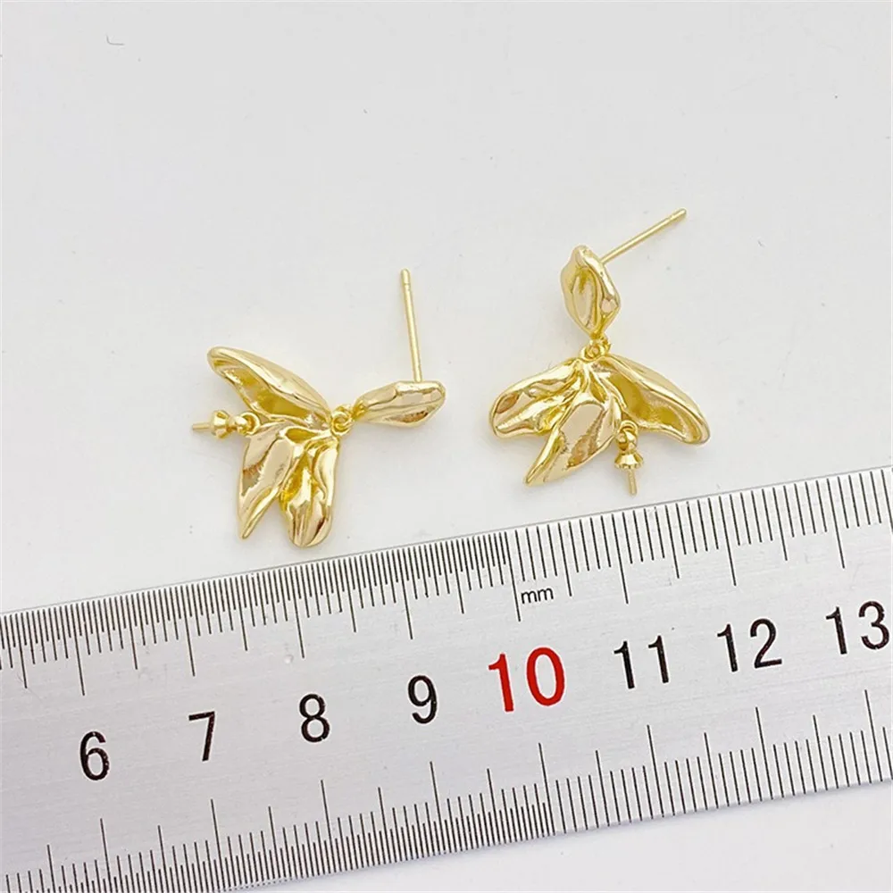 14K Gold-filled Leaves Beaded Holders Studs Silver Pins Handmade DIY Sticky Pearl Earrings Material Accessories E067