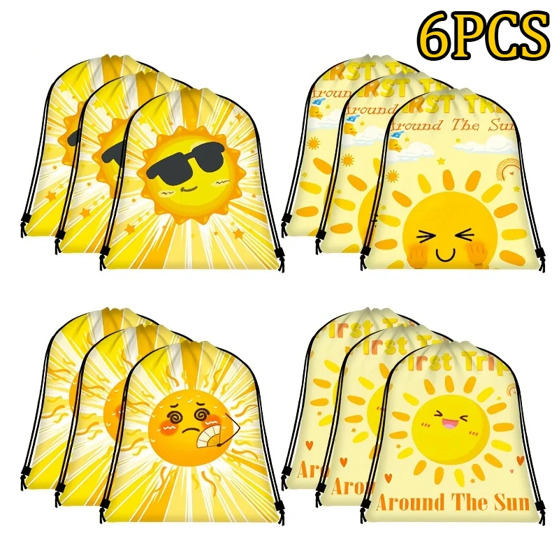 6Pcs Cute Cartoon Sun Drawstring Sackpack, Storage Bag for Shopping, Gathering, Travel, Party, Wonderful Birthday Gifts for Frie