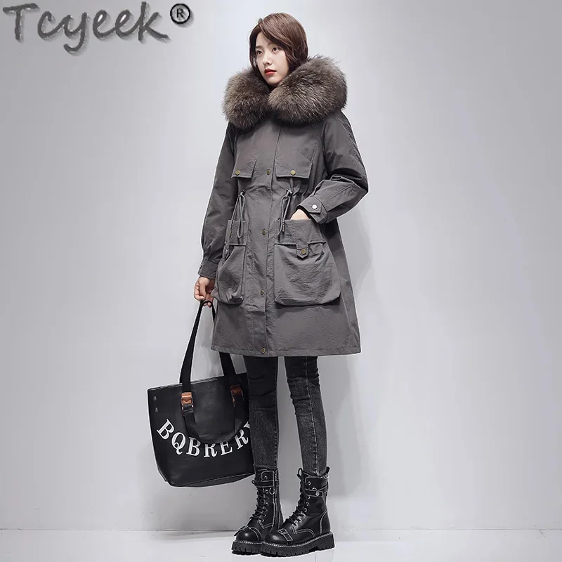 Tcyeek-Parka de longitud media para mujer, ropa elegante con forro de conejo Rex, abrigo desmontable, cálido, Cuello de piel de mapache, invierno, 2024