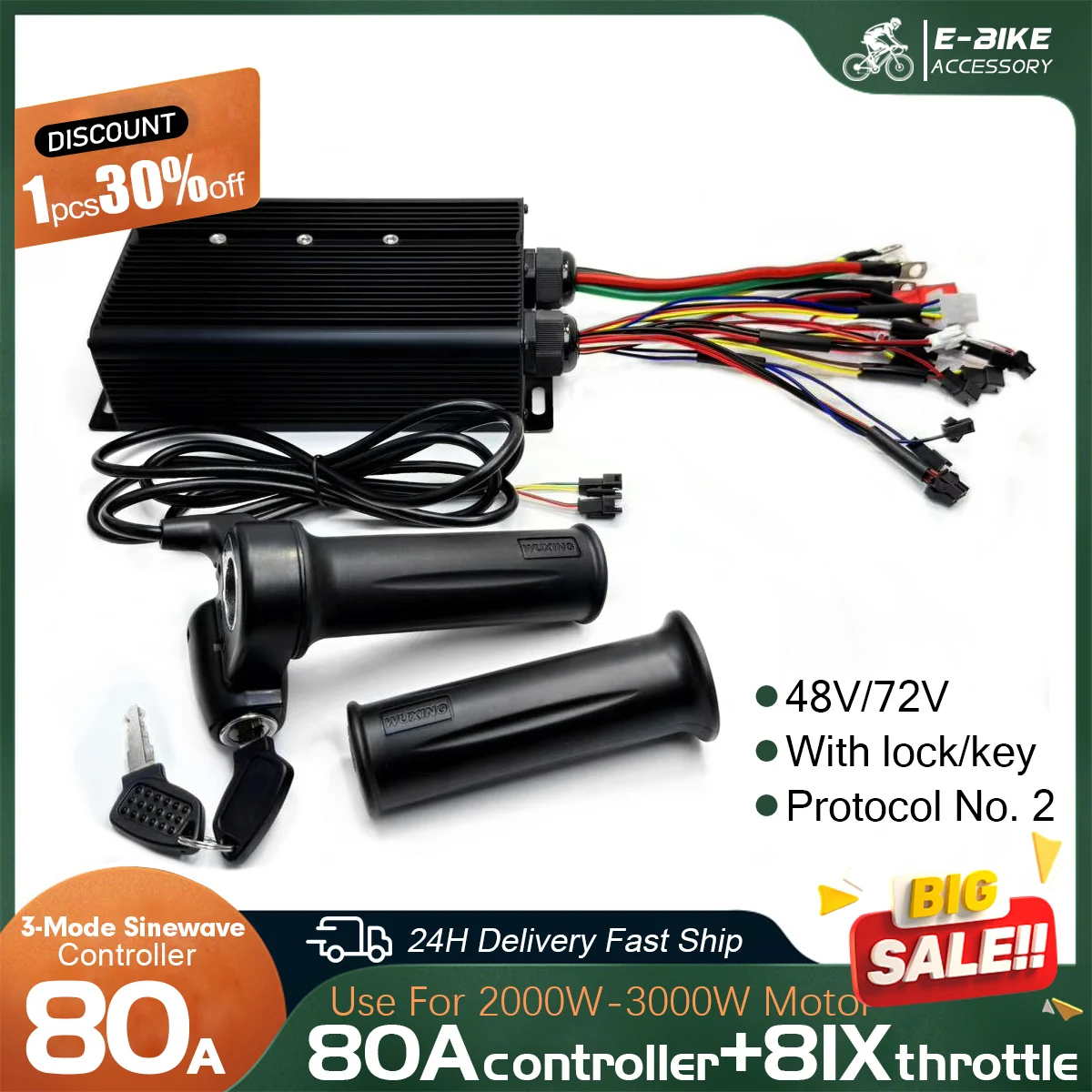 

Ebike 3-mode Sine Wave Controller 48V 72V 80A Electric Bike Scooter Twist Handlebar with Lock & Key for Electric Bicycle Repair