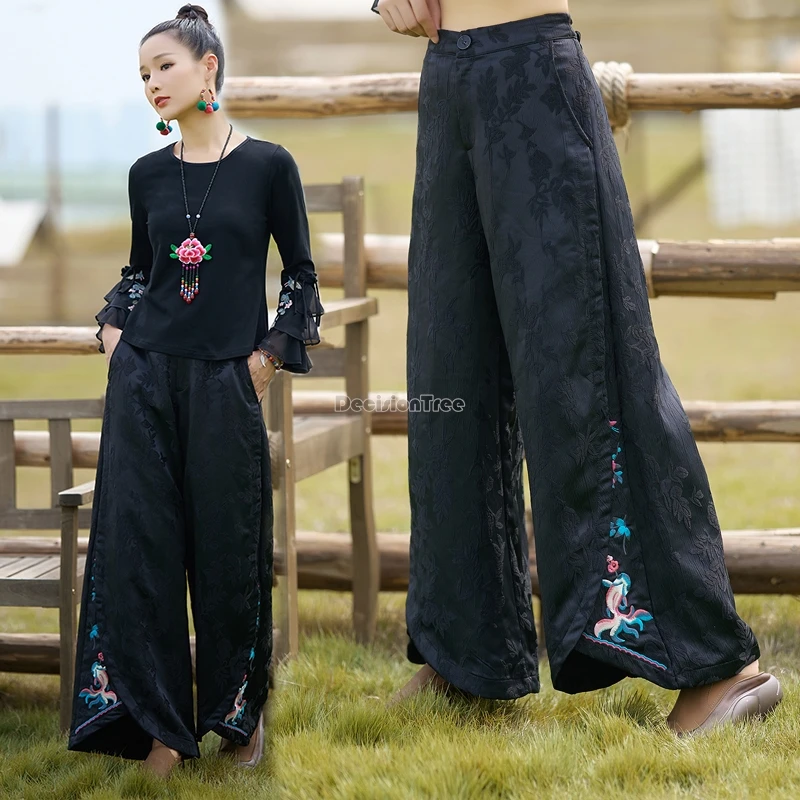 2024 chinese national style women leisure loose retro improved national style embroidery wide-leg daily elastic waist pants t001