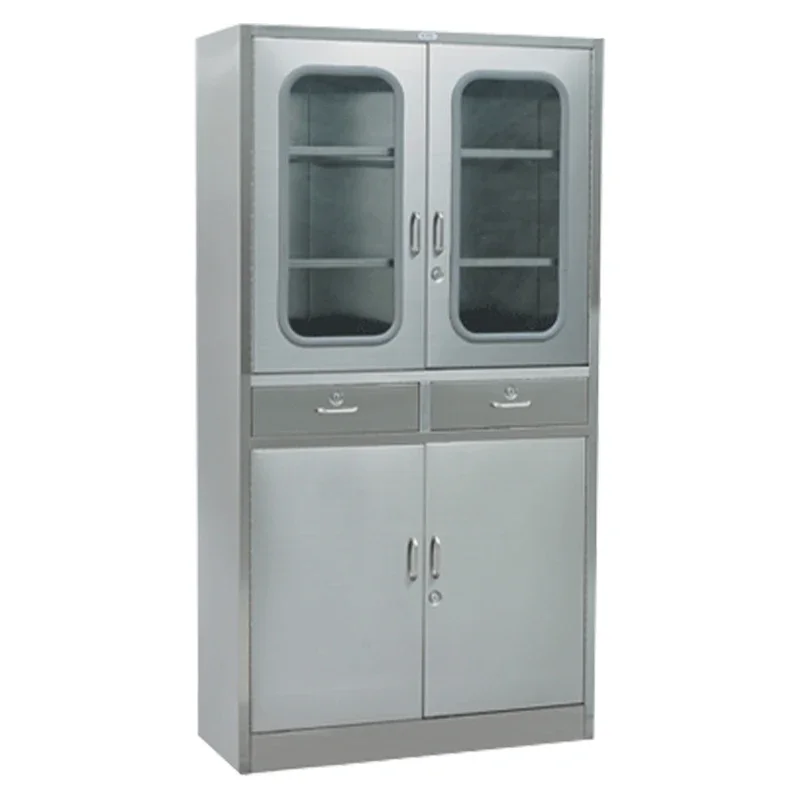 HaoHan 113 New 2 Glass Swing Doors Hospital Furniture Medicine Cabinet Stainless Steel Outpatient Disposal Treatment Cabinet