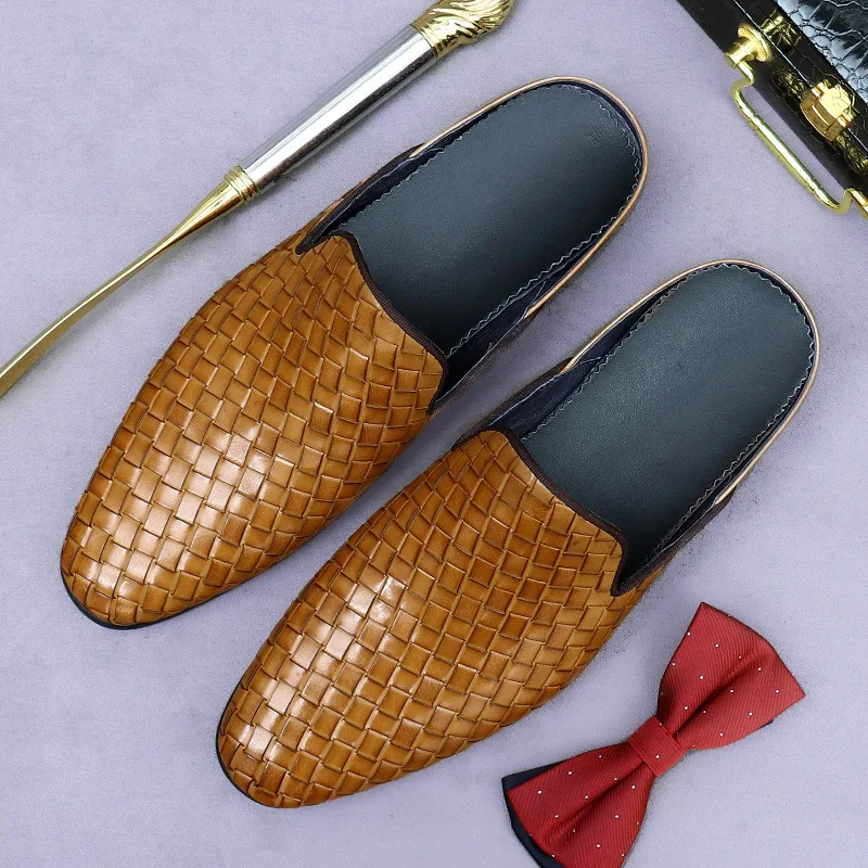 Genuine Leather Half-Slip Shoes for Men Summer Woven Leather Slippers for Men Breathable Heelless Cowhide Lazy Sandals for Men