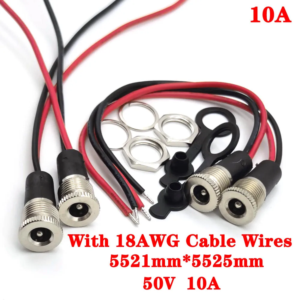 10A 50V DC 099 5.5 x 2.1mm 5.5 x 2.5mm 10A Power Socket Threaded Female Connector Adapter With 18AWG Cable Wires DC-099