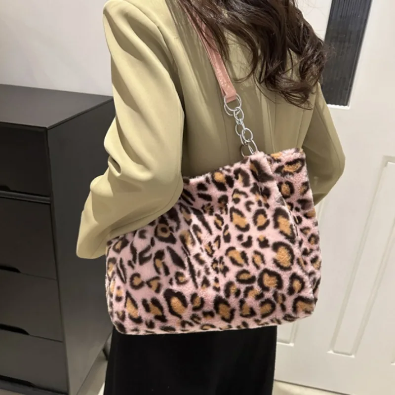 Leopard Fluffy Shoulder Bags Women Simple Handbags Elegant Office Lady All-match Tote Bag High Street Designed Large Capacity