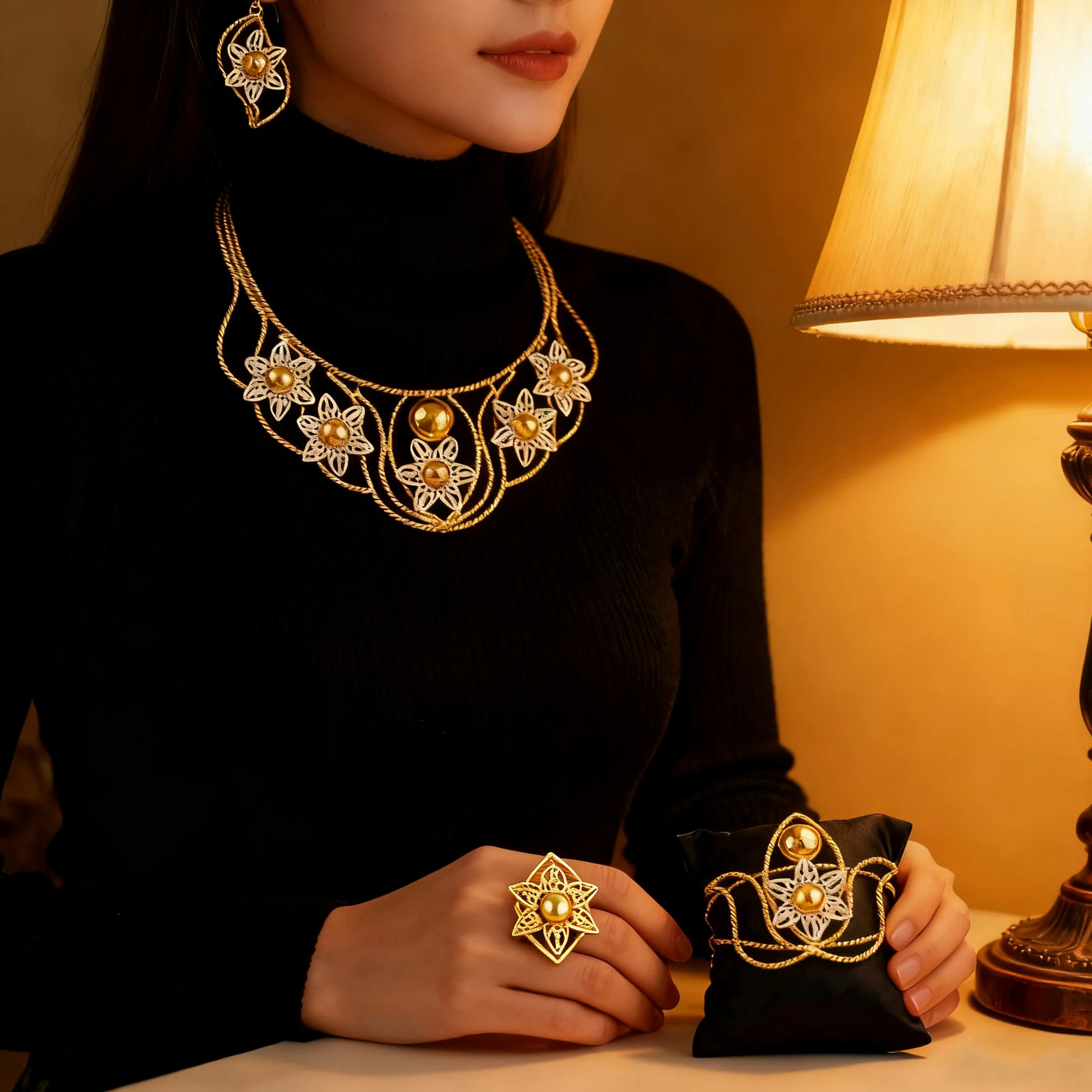 

France Luxury Gold Color hot selling necklaces earrings bracelets ring jewelry sets four-piece Dubai African wedding Jewelry