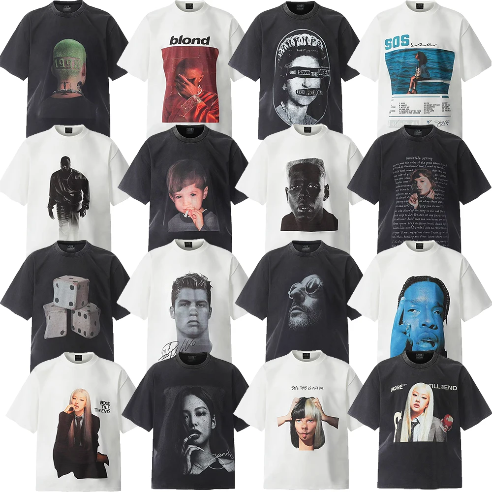 

Винтажная плотная футболка свободного кроя с коротким рукавом в американском уличном стиле, с крупным портретом, модный парный топ