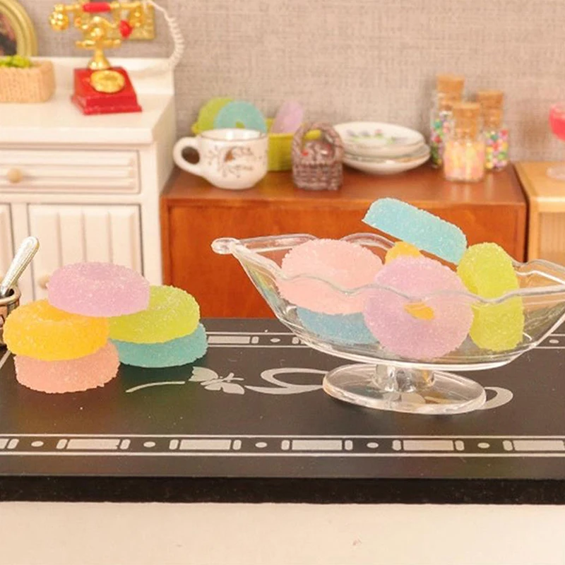 Gomitas de caramelo de colores a escala 1/12, casa de muñecas en miniatura, gotas de gelatina con plato de almacenamiento para casa de muñecas BJD, juguete de cocina