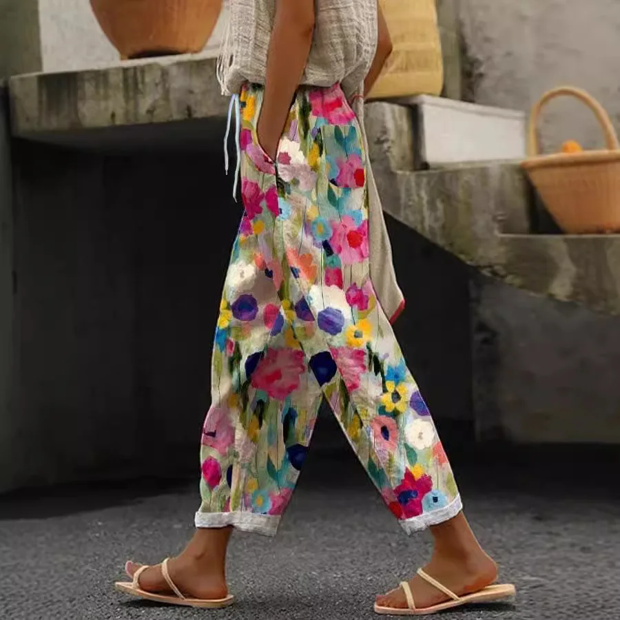 2025 Womens Summer New Fashion Printed Straight Pants Blue Pocket Lace Seaside Beach Vacation Style Trousers Women's Loose Pants