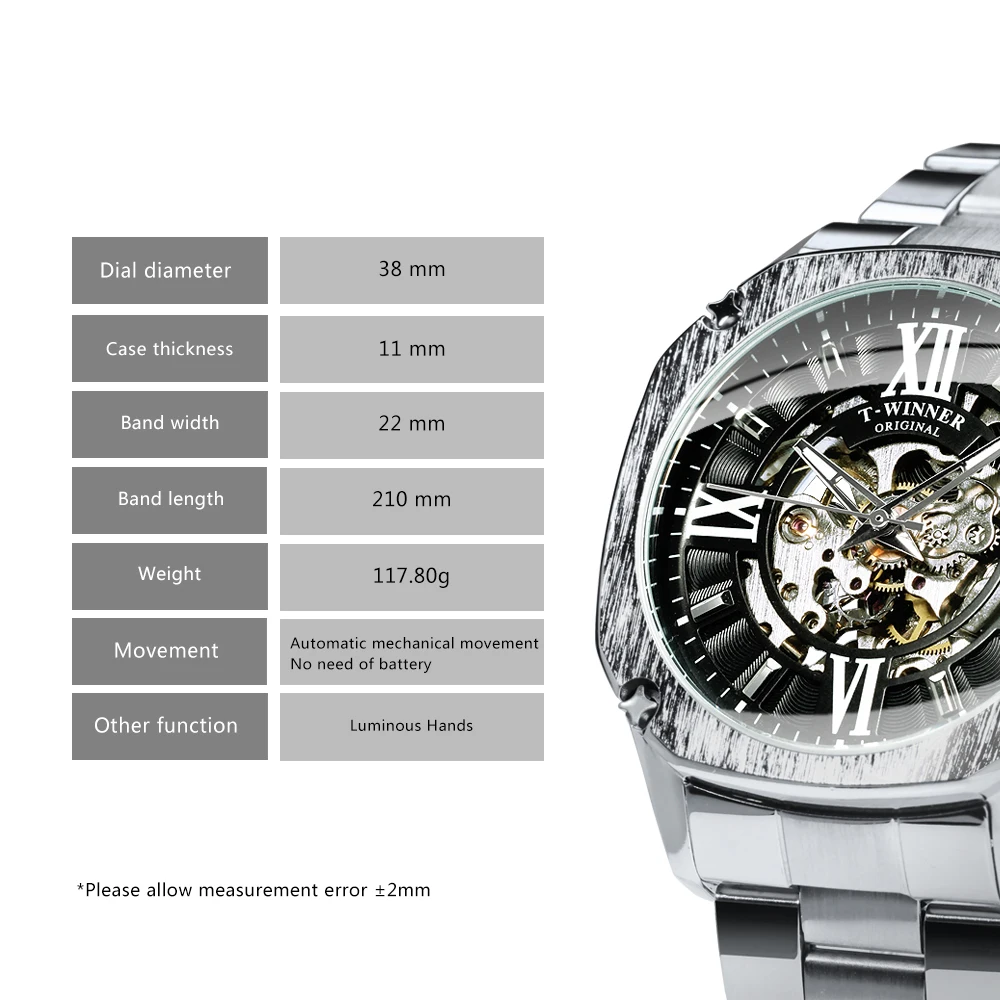 WINNER Fashion Square Skeleton Automatic Mechanical Watch for Men Luminous Hands Business Luxury Watches Stainless Steel Strap