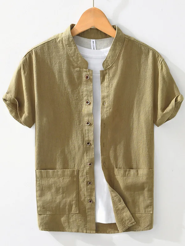 Loose Fit Linen Shirt Men's Breathable Summer New Style Cotton Linen Stand Collar Chinese National Style Pure Color Top Large