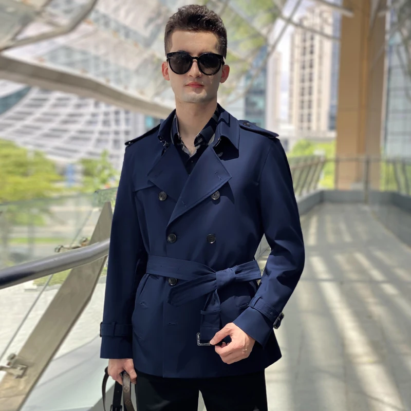 Men's Short Cotton Trench Coat - British Fashion Double-Breasted with Thickened Down Vest Pure Cotton Windbreaker Jacket