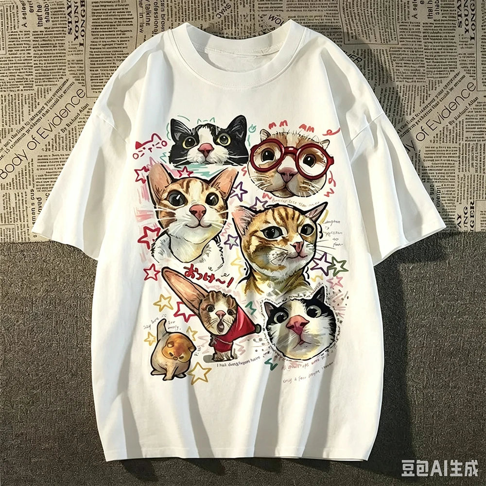 Vintage Funny Cat Graphic T‑Shirt Men Women Retro Cartoon Kitten Print Crew Neck Short Sleeve Oversized Streetwear Tee Tops