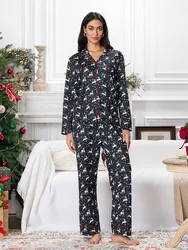 Women 2 Piece Pajamas Set Christmas Elk Print Button Shirt and Elastic Waist Pants for Loungewear Soft Sleepwear