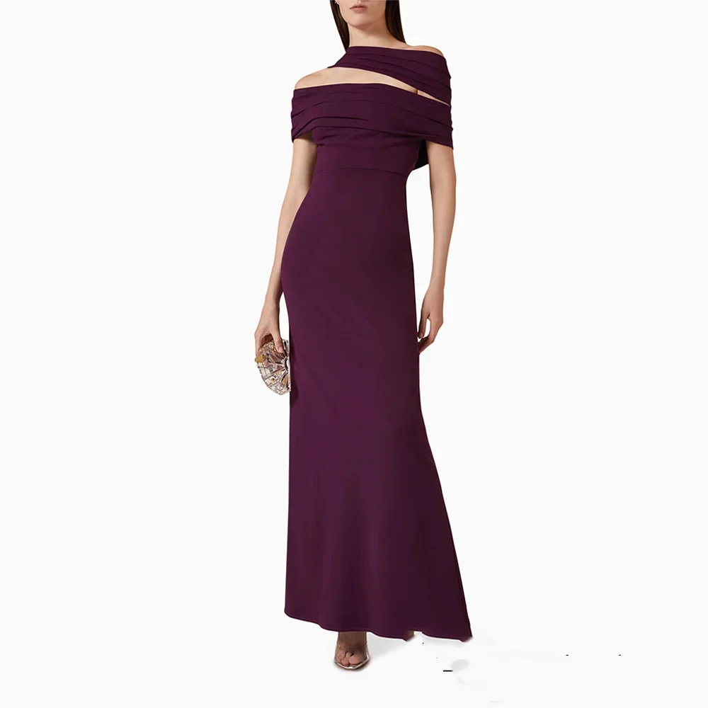 Meetlove ที่กําหนดเอง Off-the-ไหล่ข้อเท้าความยาวชุดราตรีสีม่วง Sheath แขนกุดด้านหลังแยกง่าย Gowns อย่างเป็นทางการ