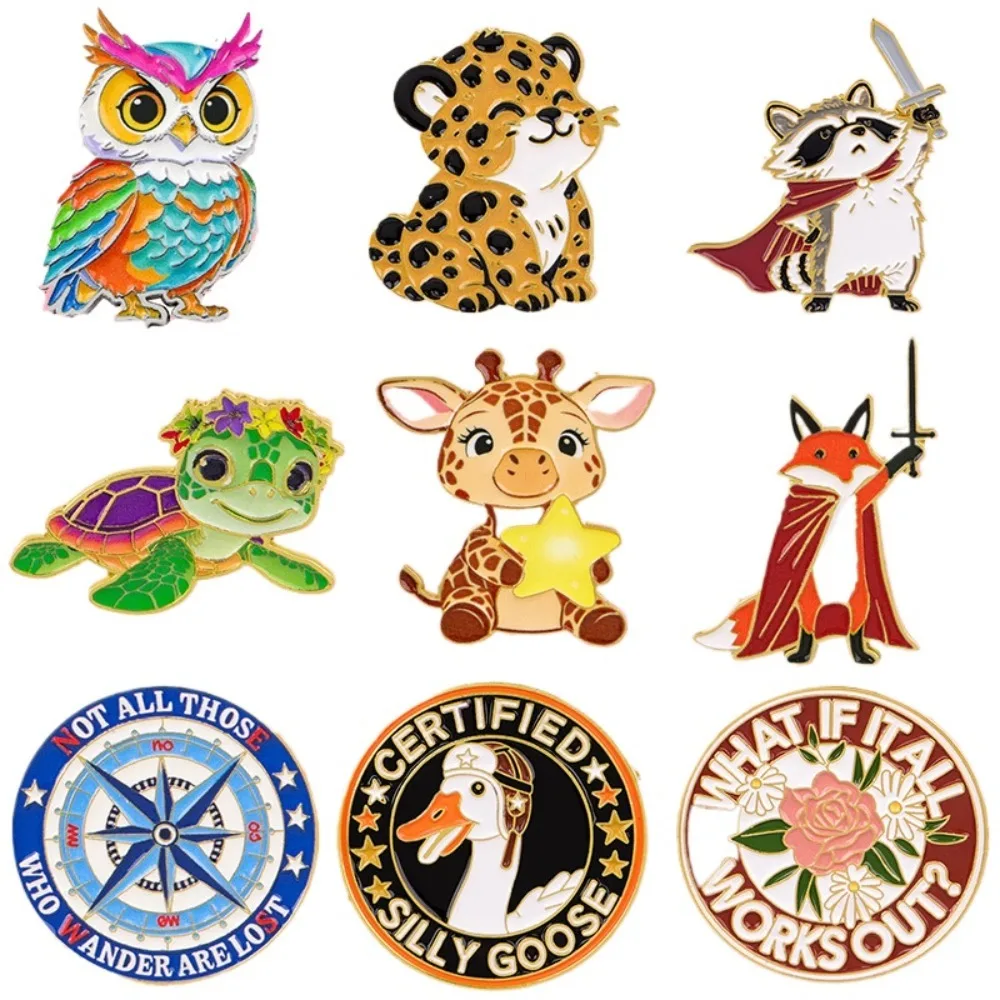 Cartoon Animal Enamel Pin Raccoon Owl Giraffe Fox Turtle Leopard Lapel Brooch Badge for Backpack Jacket Bag DIY Decor Jewelry