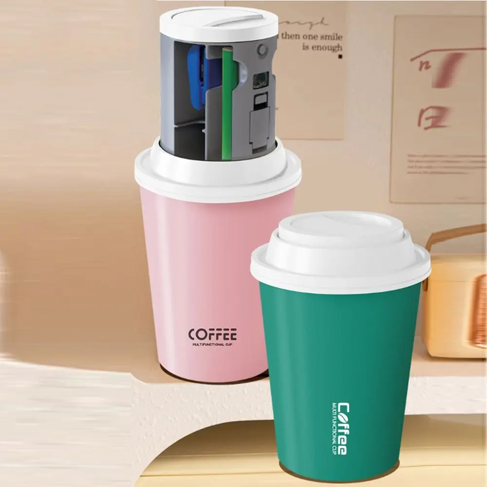 7 in 1 เด็กชุดเครื่องเขียนถ้วยกาแฟแบบพกพาการเรียนรู้ถ้วยพร้อมพัดลมเย็บกระดาษโรงเรียนเขียนอุปกรณ์