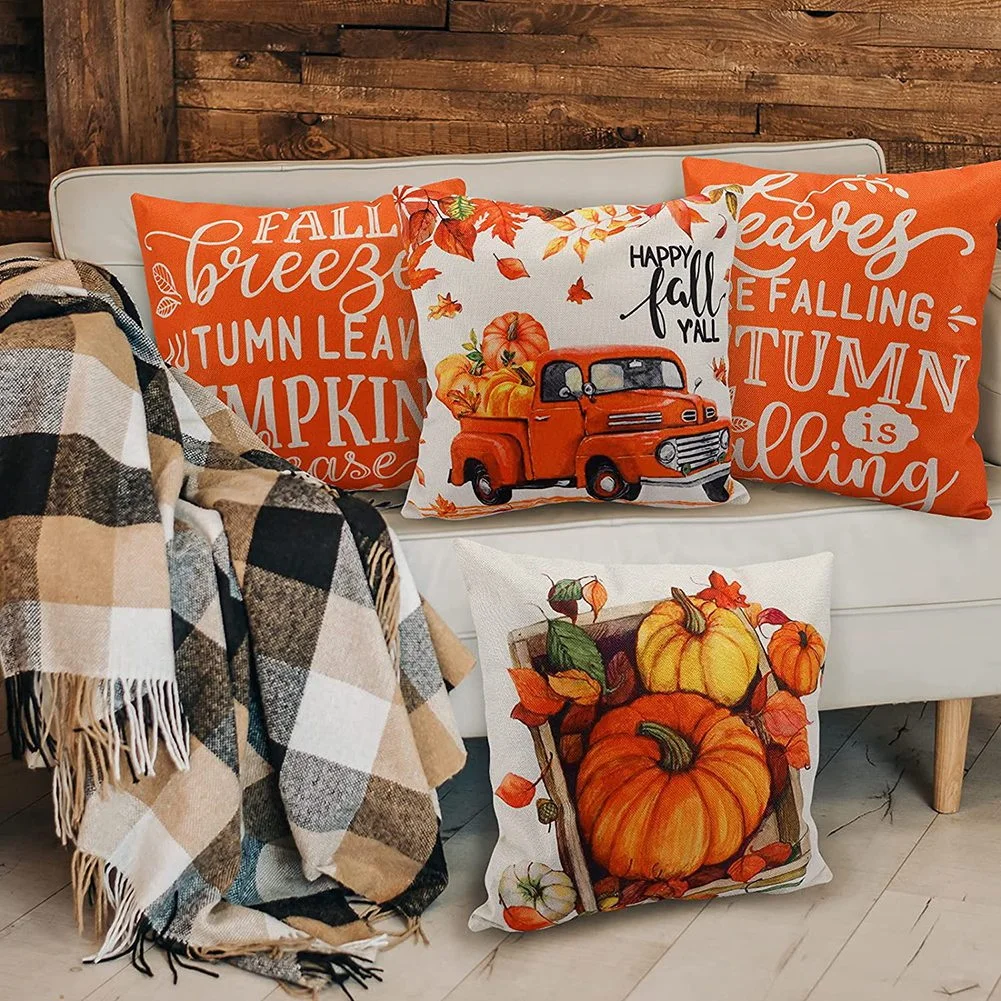 DN-Fall Pillow Covers 18X18 Set Of 4 Outdoor Throw Pillowcase Farmhouse Thanksgiving Decorations For Home Decor