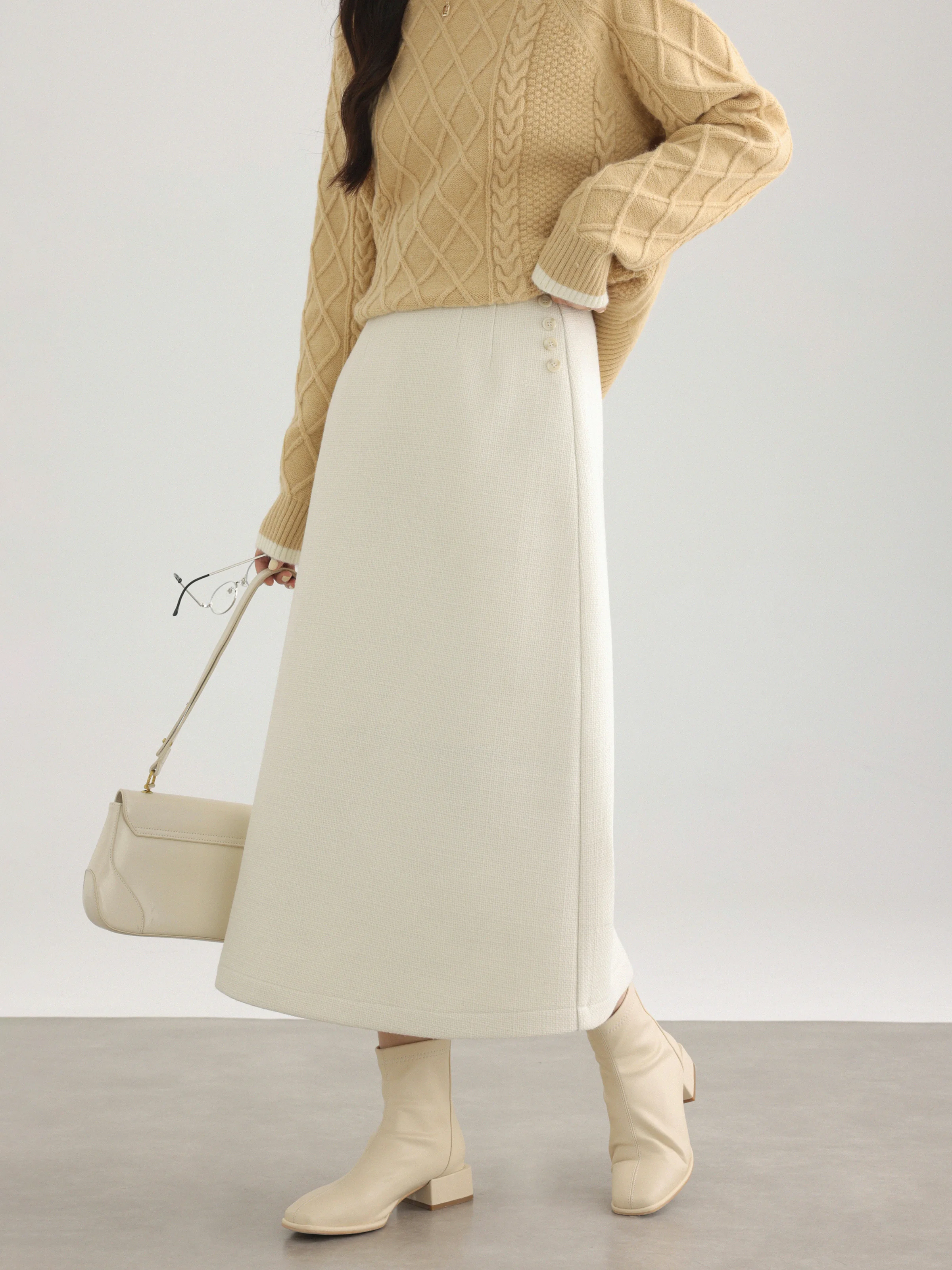 High Waist Straight Midi Skirt Women A-Line Split Skirt School Style Wool-Like Long Skirt Lady Warm Winter Chic Style Outfit