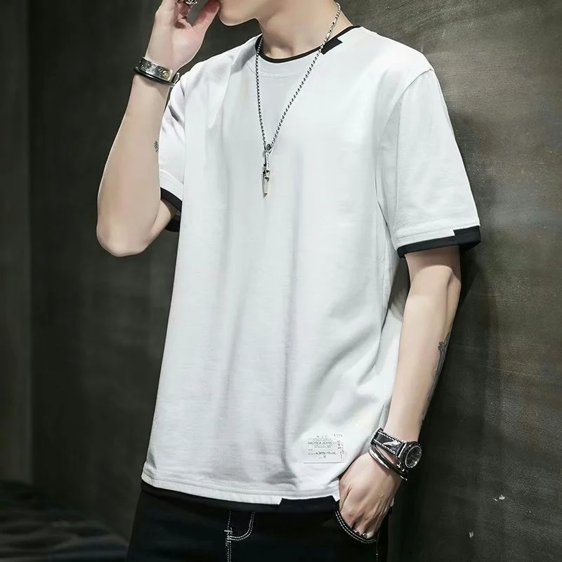 Grey Short Sleeve T-Shirt for Men Summer Affordable Casual Print Design Standard Fit Youthful Trendy round Neck Thin Fabric