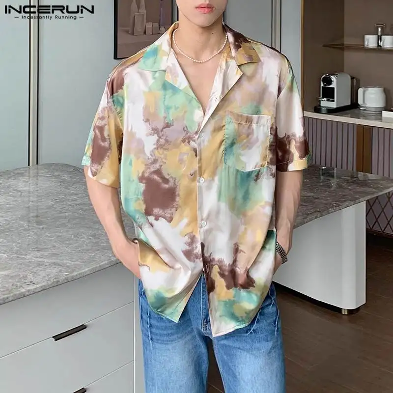 INCERUN Tops 2024 Korean Style Fashion New Men\'s Colorful Tie Dye Shirt Summer Casual Streetwear Male Short Sleeved Blouse S-5XL