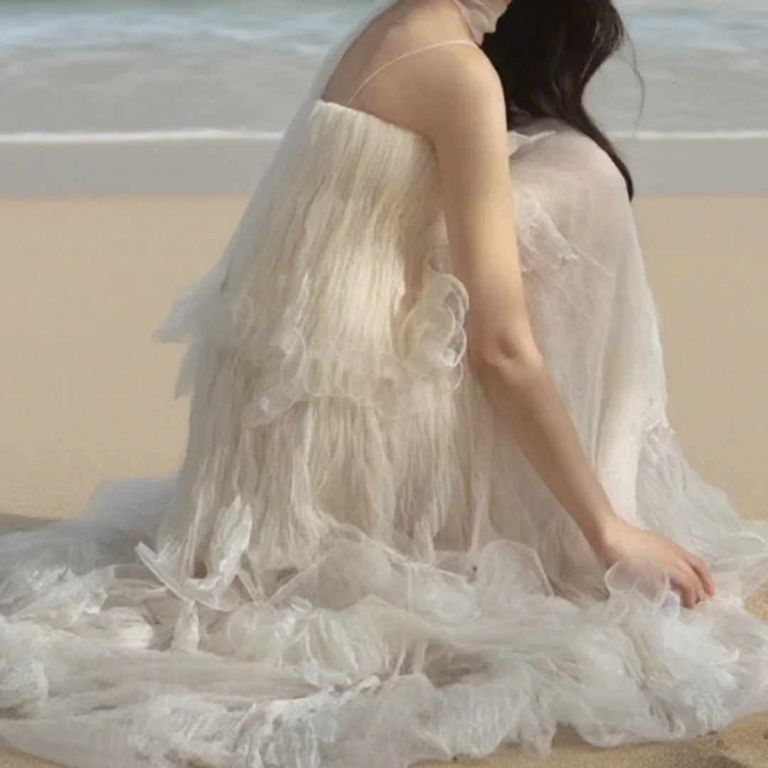 Elegant Women's Spaghetti Strap Wedding Dress Soft Tulle Layered Bridal Gown Layered Fairy Bridal Dress Party Evening Gown