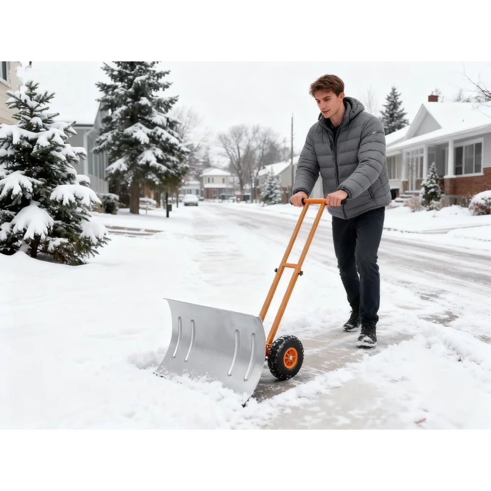 

29" Heavy Duty Steel Snow Shovel with Wheels, Adjustable Angled Blade for Sidewalks
