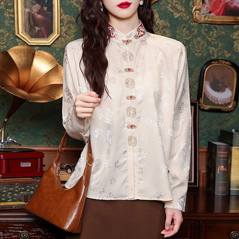 2024 Spring Autumn Women Fashion Vintage Chinese Style Embroidery Shirts Elegant Chic Stand Collar Blouse Long Sleeve Loose Tops