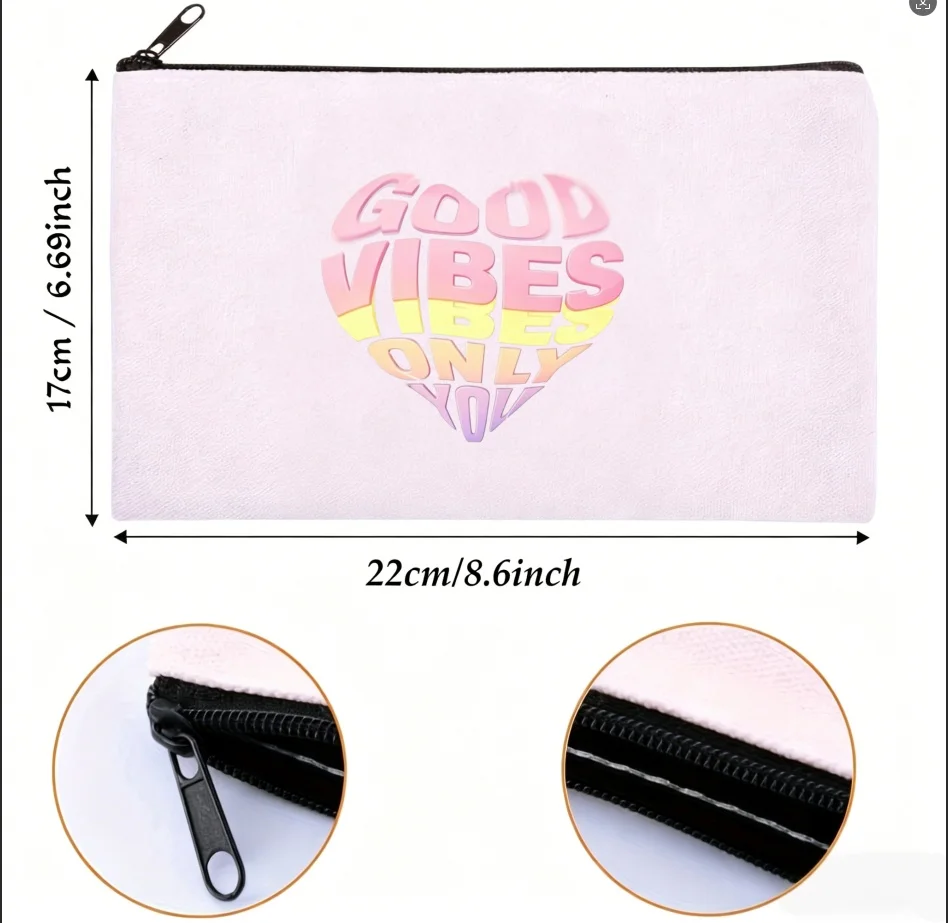 1PC Pink Yellow Purple Gradient Heart Good Vibes Only Canvas Cosmetic Pouch Lightweight Travel Skincare Storage Zipper Bag