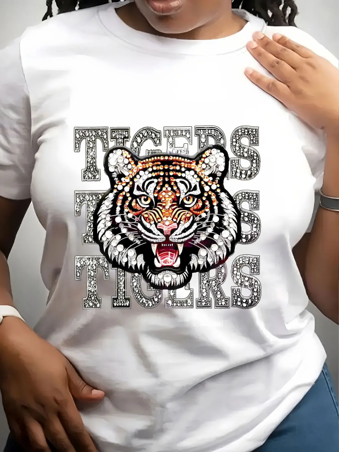 Women's Trendy Crew Neck T-Shirt Tigers Text with Tiger Head Suitable for Casual Sportswear