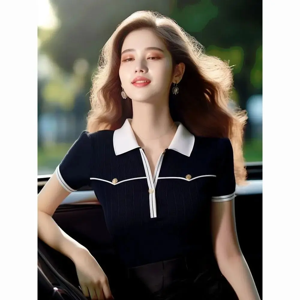Summer Top Ice Silk Sweater Chic Temperament 2025 New Short-sleeved POLOT Shirt