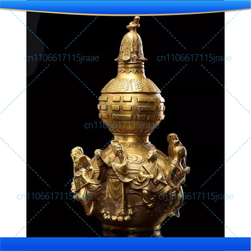 Small Chinese brass gourd ornament, Eight Immortals gourd with open lid, Eight Immortals crossing the sea, copper gourd handicr