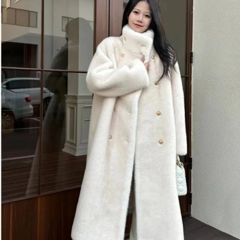 

Luxury Aesthetic Wool Long Jacket Women Winter Warm Faux Fur Coat Thick Windbreaker Stand Collar All-match Brand Fur Overcoat