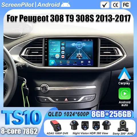7 Inch Android 16 For Peugeot 308 T9 308S 2013-2017 Car Radio Stereo Head Unit Multimedia Video Player GPS Navigation 8 Core RDS