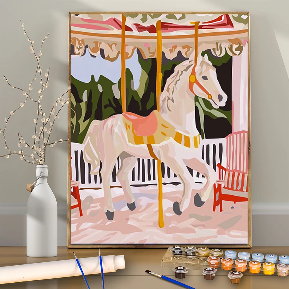 Kit de pintura Digital acrílica DIY con diseño de caballo blanco en carrusel para principiantes, marco de decoración de pared del hogar no incluido, 1 Uds.