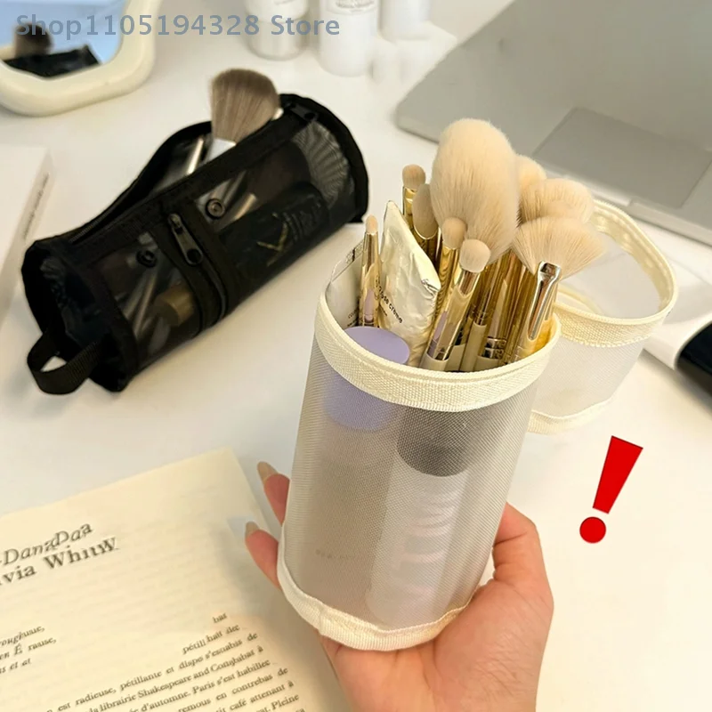 [MP]กระเป๋าเก็บแปรงแต่งหน้าแบบตาข่าย ใช้ได้สองแบบ พกพาสะดวก ความจุขนาดใหญ่ ที่วางแปรงแบบตั้งได้ สำหรับเดินทาง