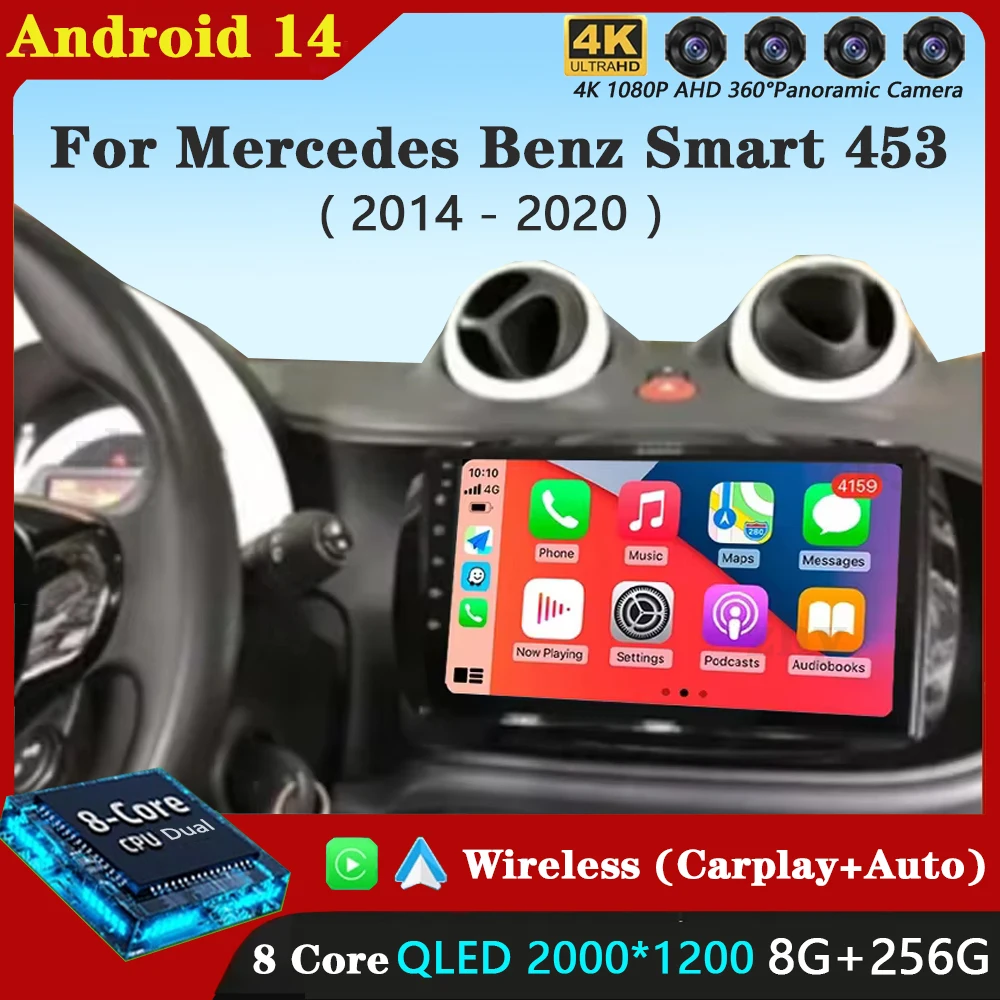 

Android 14 Carplay Auto для Mercedes Benz Smart 453 Fortwo 2014-2020 Мультимедийный автомобильный радиоплеер WIFI Стерео 4G GPS RDS АВТО