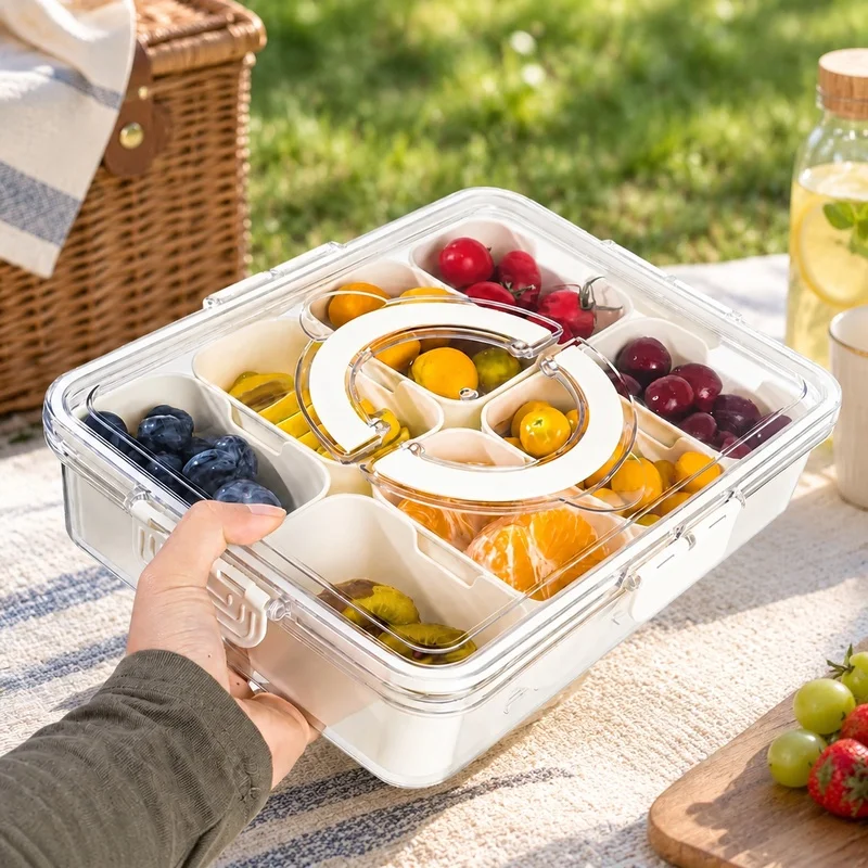 Multi-Section Portable Food Organizer Tray with Lids for Snacks, Fruits, Nuts - Refrigerator Storage Container