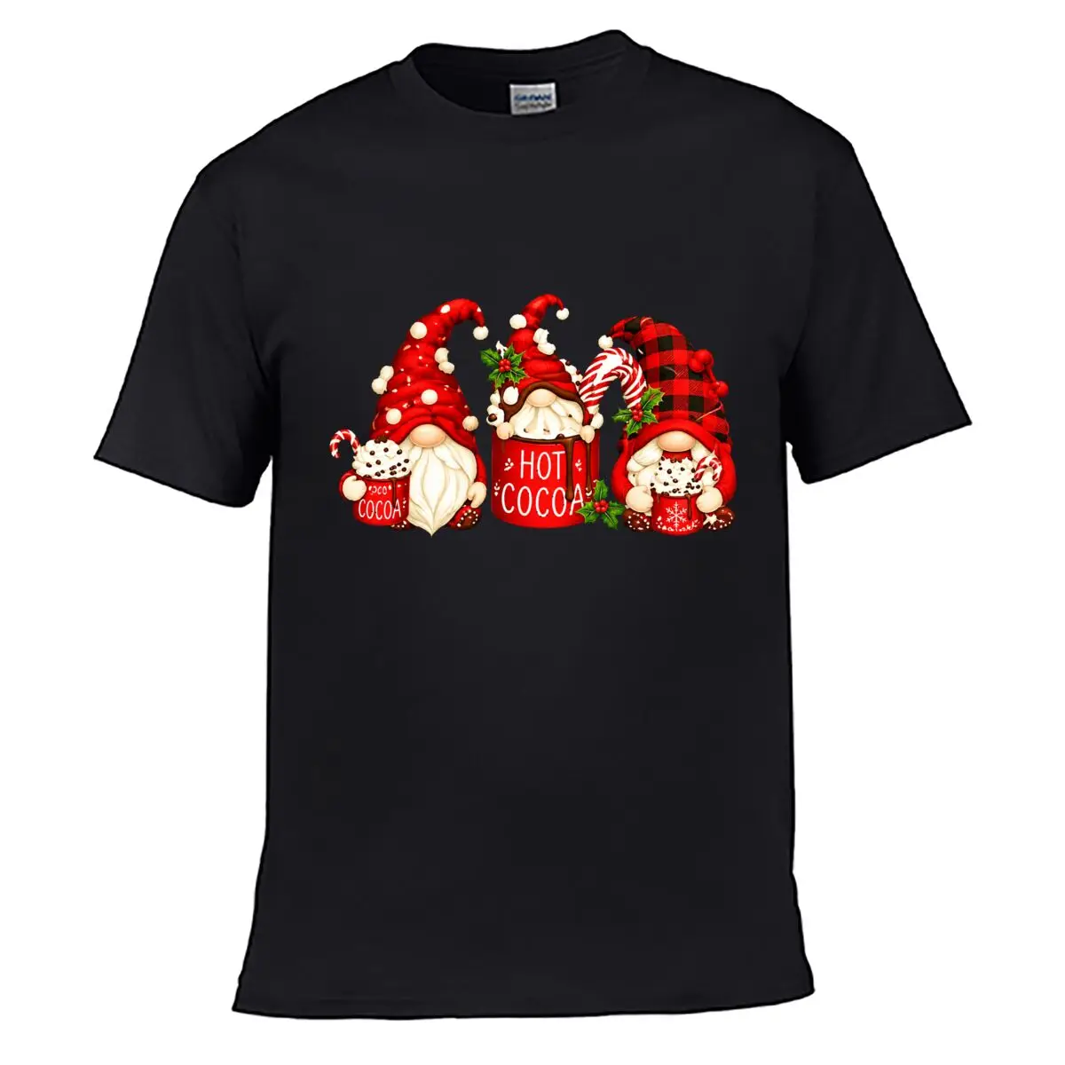 Hot Cocoa Christmas Gnomes Candy Cane Holly Buffalo Plaid Solid Washed Vintage Tee Distressed Loose