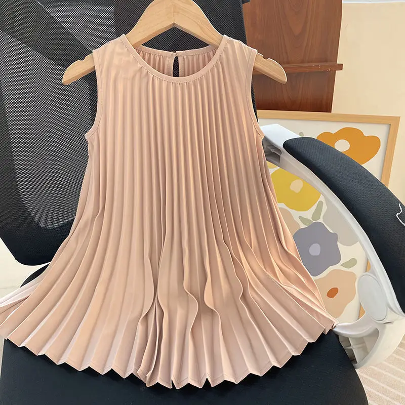 Clothing Girl Stylish Vest Pullover Round Neck 2024 Summer Retro Fashion Solid Color Temperament Drape Pleated Sleeveless Dress