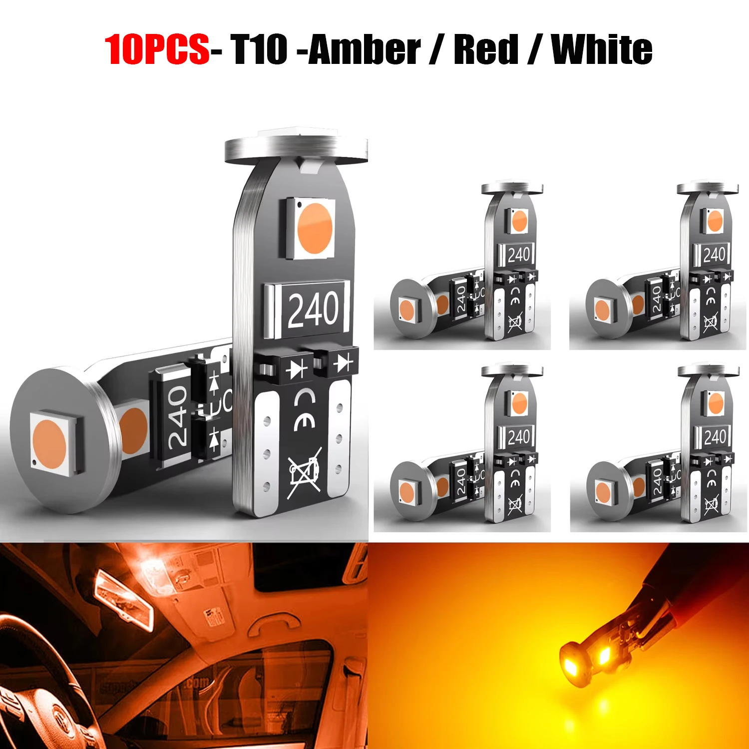 10x T10 W5W Error Free LED Reading Light Bulbs White Red Orange Super Bright For Lada Vesta Kalina Priora Granta Largus Samara