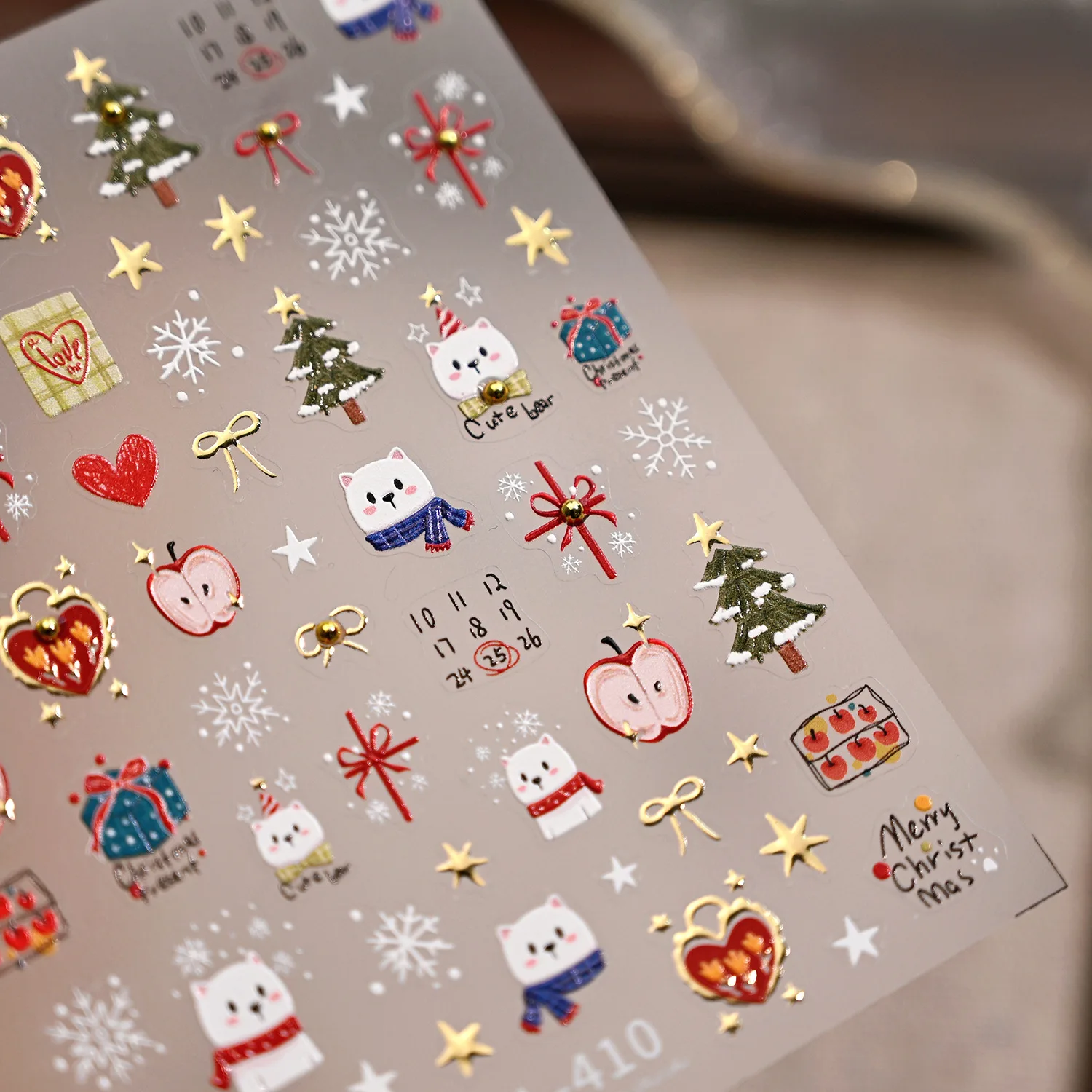 Cute Christmas Nail Art Decorations Stickers 5D Gold Star Bows Cartoon Bear Nail Stickers DIY New Year Kawaii Accessories Decals