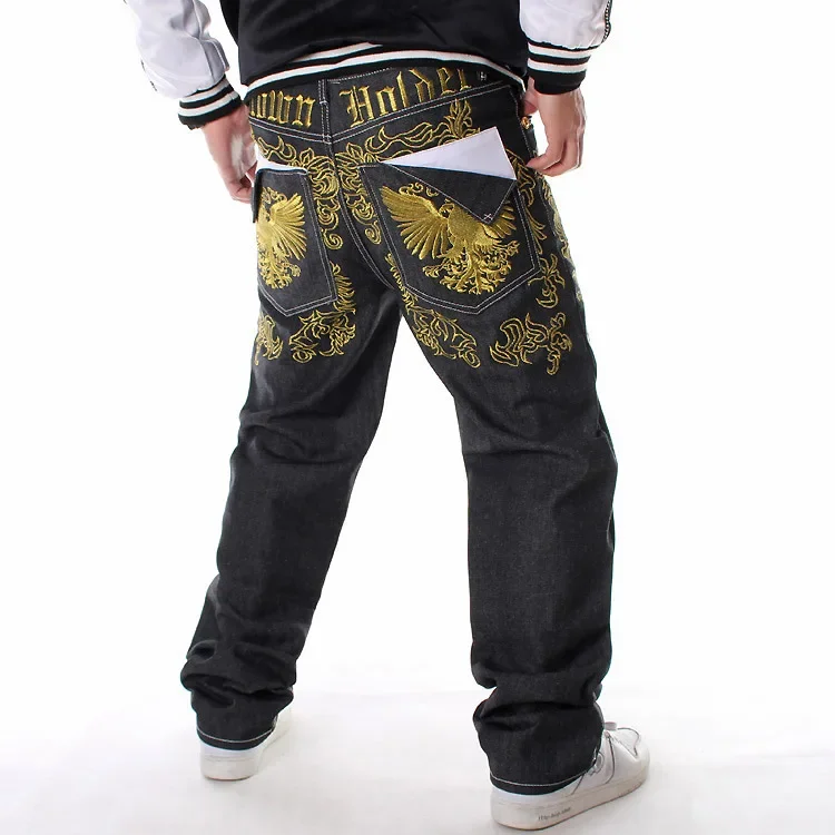 Y2K Mens Embroidery Oversized Jeans Hip Hop Loose Black Baggy Jean Trousers Man…