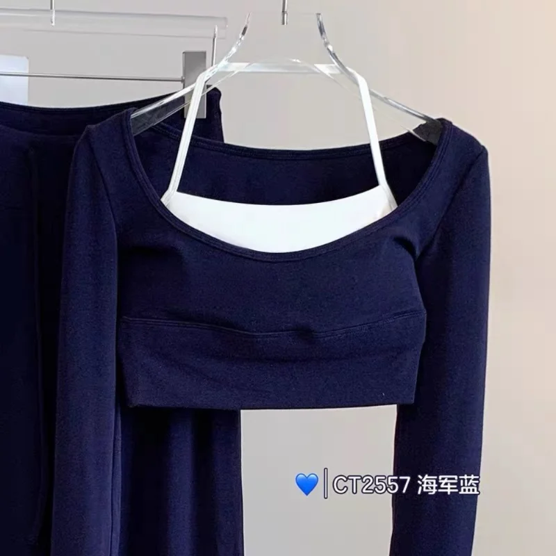 Damen Yoga-Top mit eckigem Ausschnitt, langen Ärmeln, integriertem BH, „Naked-Feeling“, Kontrastfarben, schmaler Passform, atmungsaktiv, Fitness-Workout-Crop-Top – Detail 10