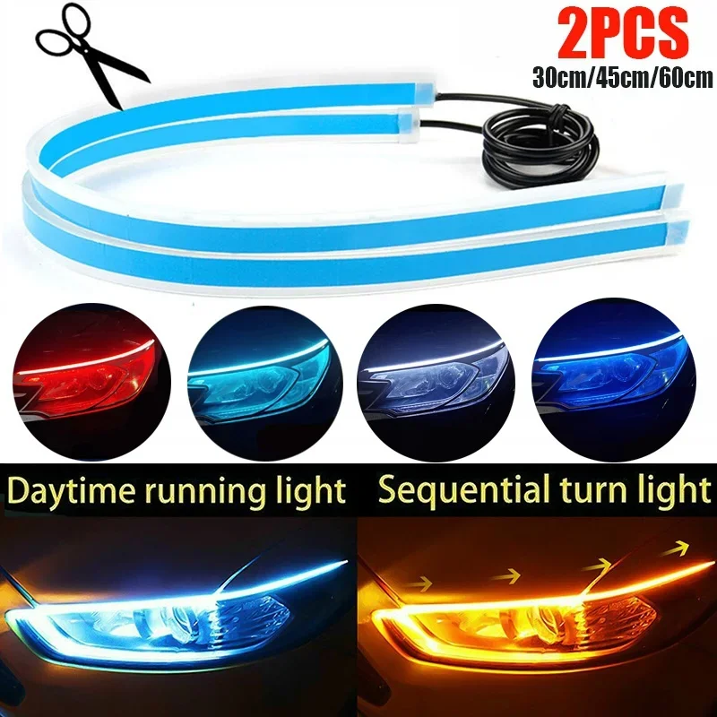 

2Pcs 12V Led Guide Strip Headlight for Car Daytime Running Lights Turn Signal Bulb DRL Sequential Switchback 30cm/45cm/60cm