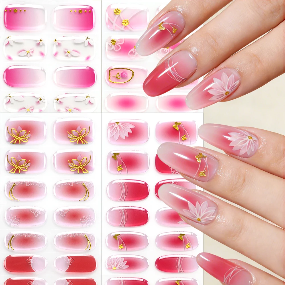 16Tips Pink Gradient Semi-Cured Gel Nail Sticker Spring Summer Exquisite Flowers Full Cover UV/LED Lamp Gel Nail Polish Wraps