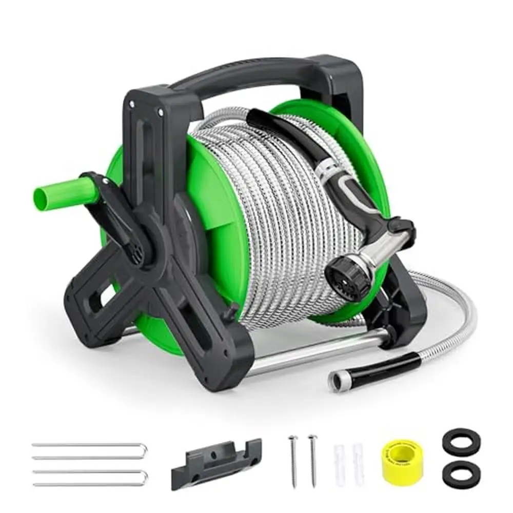 304 Stainless Steel Wall Mount Garden Hose Reel Set 75ft Heavy Duty Water Hose Metal Rack Yard Outside