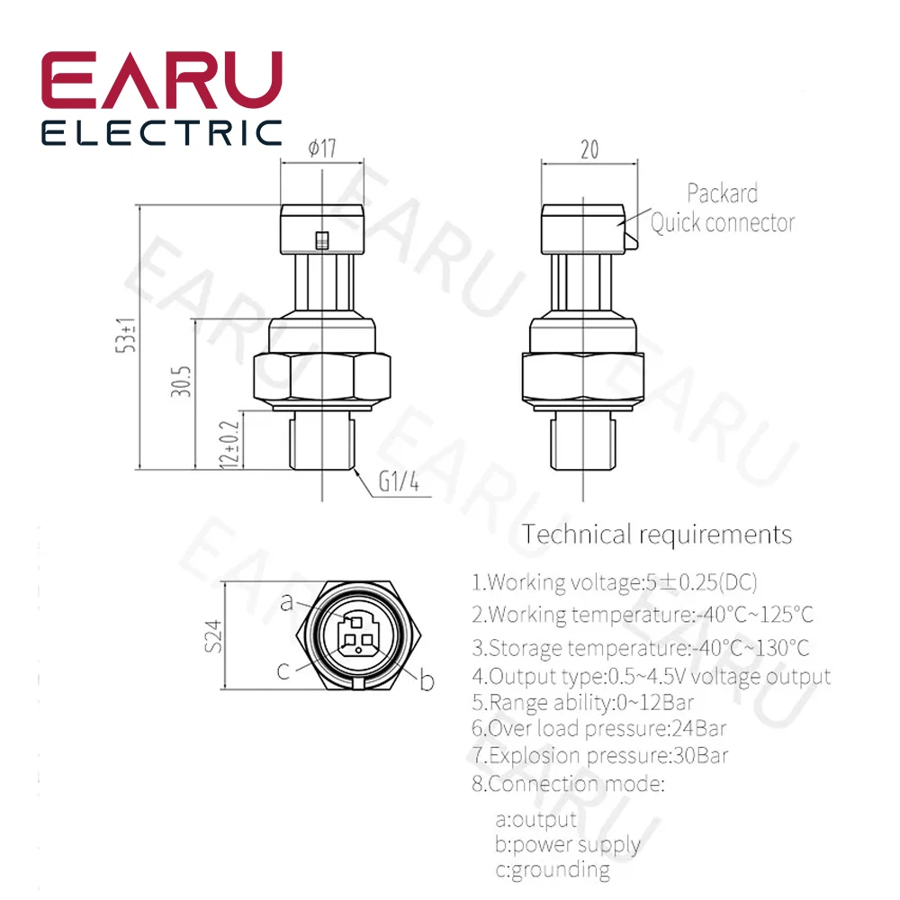 DC 5V G1/4 Pressure Sensor Transmitter Pressure Transducer 1.2 MPa 174 PSI For Water Gas Air Oil Fuel Car Stainless Steel Switch